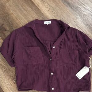 Maroon Ribbed Crop Button Down Shirt